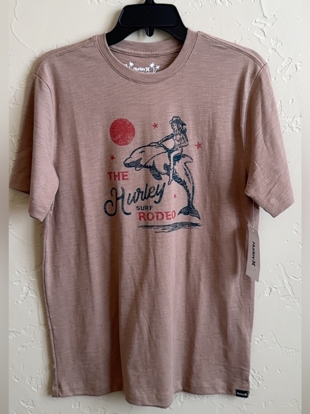 Hurley Short Sleeve Graphic Tee in Light Brown with Navy and Red Print